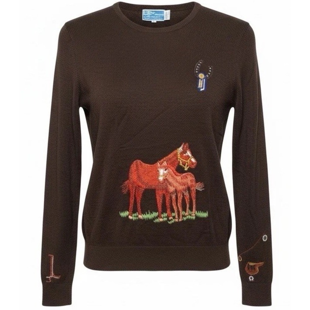 VTG 70s LeRoy Knitwear M Acrylic Horse Sweater Brown Nature Western Dead Stock
